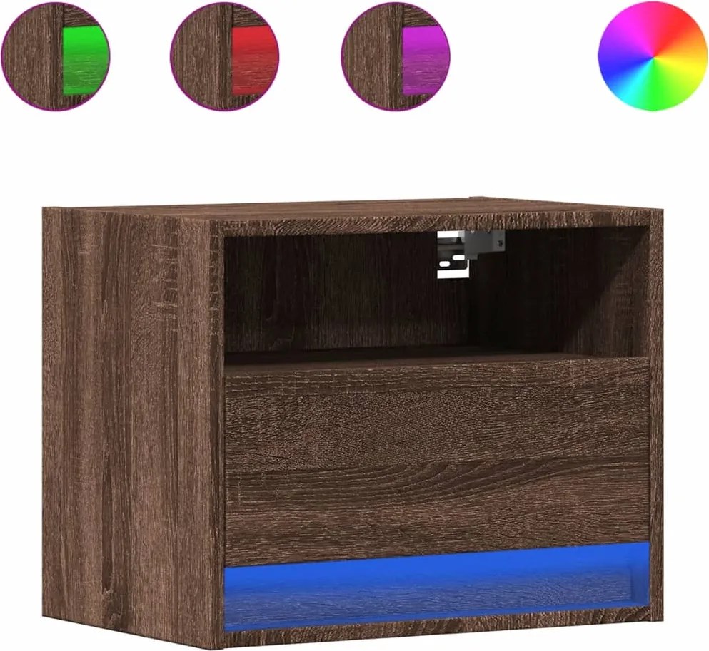 vidaXL Noptieră montată pe perete cu lumini LED, stejar maro