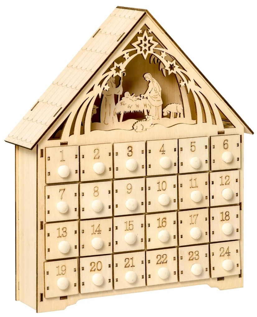 Calendar Advent din Lemn 24 Sertare Decoratiune de Craciun cu Nasterea Domnului Sculptata si Luminite, 26.6x6x30cm HOMCOM | Aosom RO