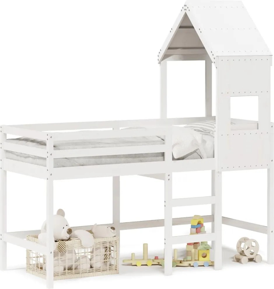 vidaXL Pat etajat cu scară și acoperiș, alb, 90x190 cm, lemn masiv pin