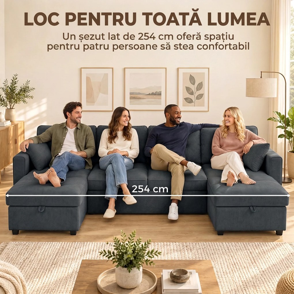 HOMCOM Canapea extensibilă mare în U, cu 2 șezlonguri, depozitare și 2 perne, chenille, gri închis | Aosom Romania