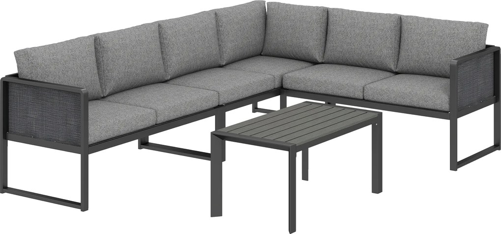 Outsunny Set canapea colțar de grădină din metal, 3 fotolii, măsuță cu efect lemn, gri închis | Aosom Romania