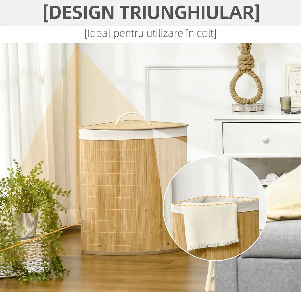 HOMCOM Coș de Rufe din Bambus cu Capac, Design Triunghiular Economisitor de Spațiu, 38x38x57 cm, Culoare Lemn | Aosom Romania
