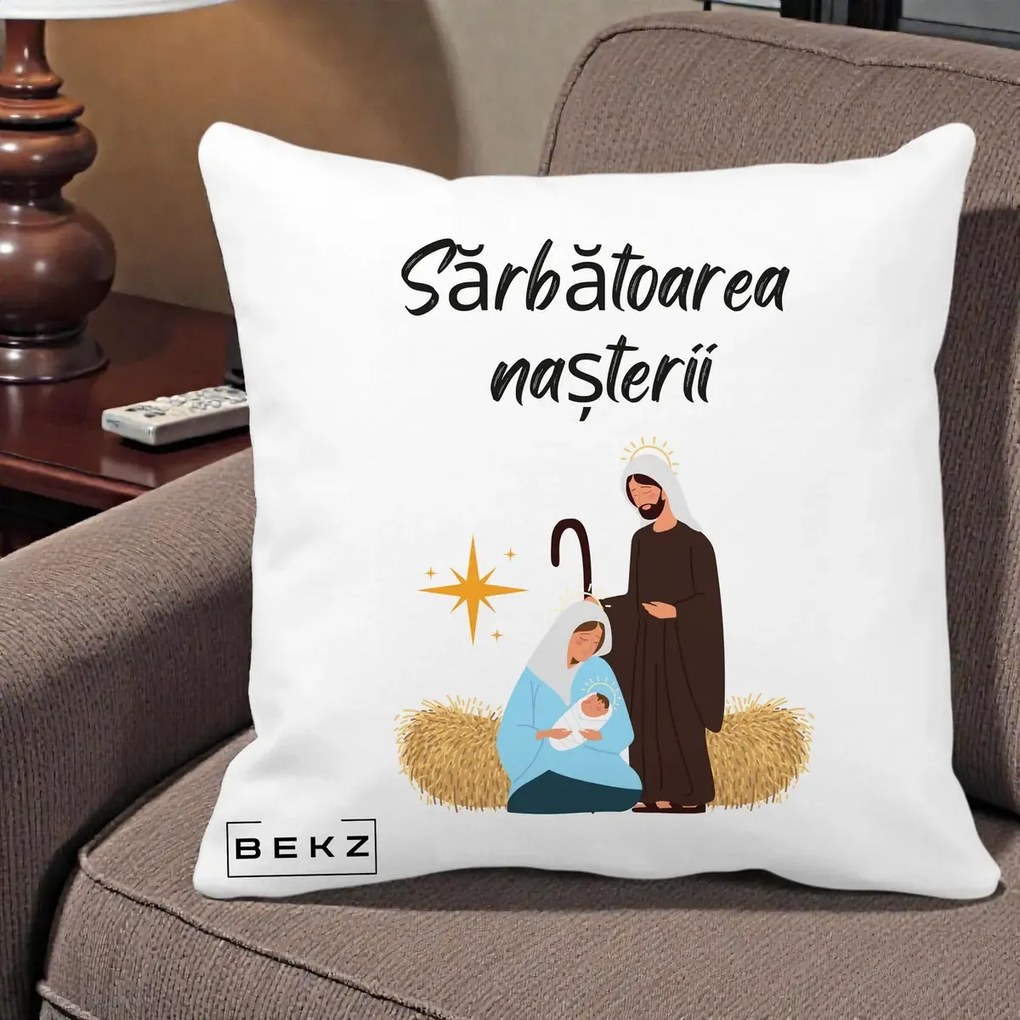 Perna Decorativa Nasterea Domnului Sfanta Familie Sarbatoarea Nasterii, 40x40 cm, Alba Mata, Husa Detasabila, Perna Inclusa, BEKZ®