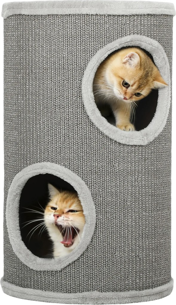 PawHut Cilindru de zgâriat, înălțime 60 cm Ø 35 cm, model cu două nivele și 2 bârloguri, margine din pluș, pentru 1-2 pisici până la 5 kg, gri deschis | Aosom Romania