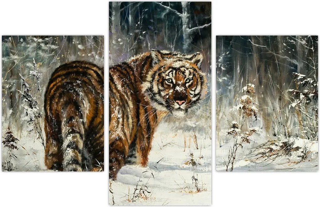 Tablou - Tigru într-o pădure înzăpezită, pictură în ulei (90x60 cm)