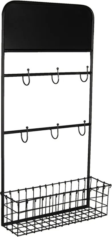 Etajeră cu cuier de perete, din metal, negru, cu 6 agățători și coș din sârmă, 75 x 39 x 12 cm, „Virelle”
