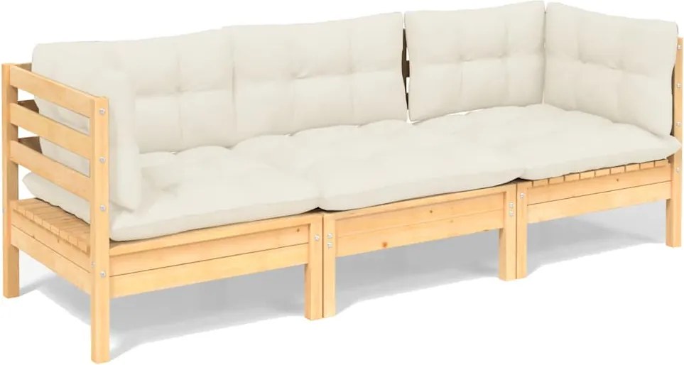 vidaXL Canapea de grădină cu 3 locuri, cu perne crem, lemn masiv pin