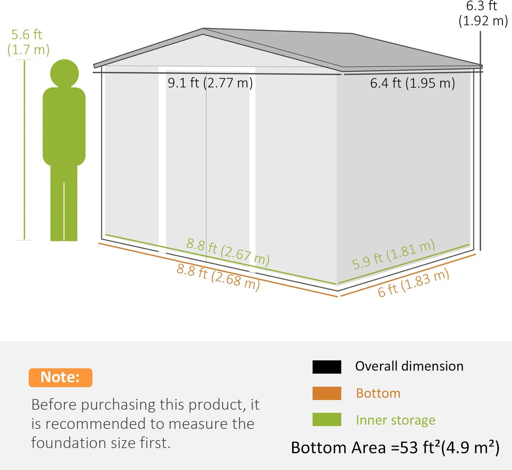 Outsunny Șopron de Grădină Exterior 4,9 m² 277x195x192 cm cu Ușă Culisantă Ventilație și Kit de Fundație Gri | Aosom Romania