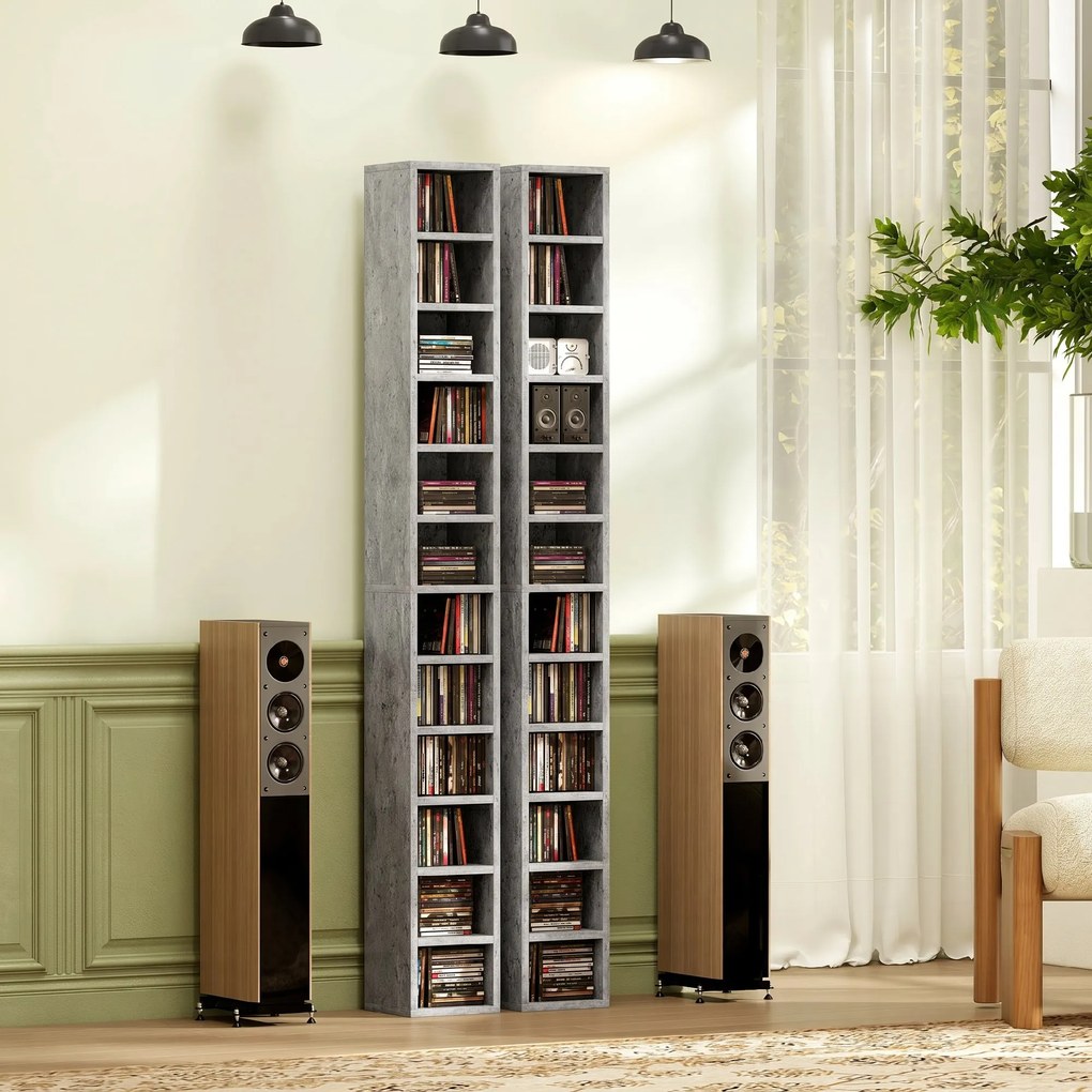 HOMCOM Raft Bibliotecă Pentru CD-uri cu 12 Polițe pentru 204 CD-uri, din MDF și PAL, 21 x 20 x 175 cm, Gri | Aosom Romania