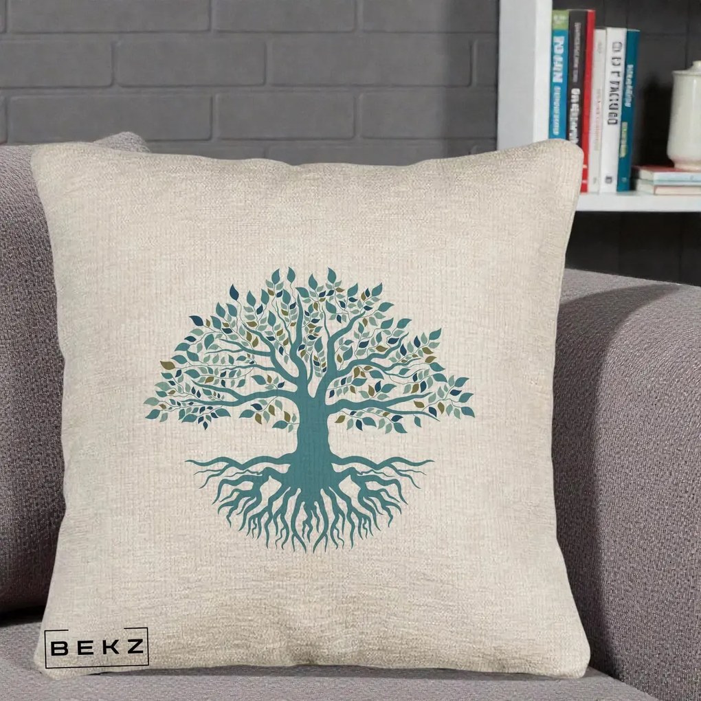 Perna Decorativa Copacul Vietii Teal cu Radacini, 40x40 cm, Bej Canapea, Husa Detasabila, Perna Inclusa, BEKZ®
