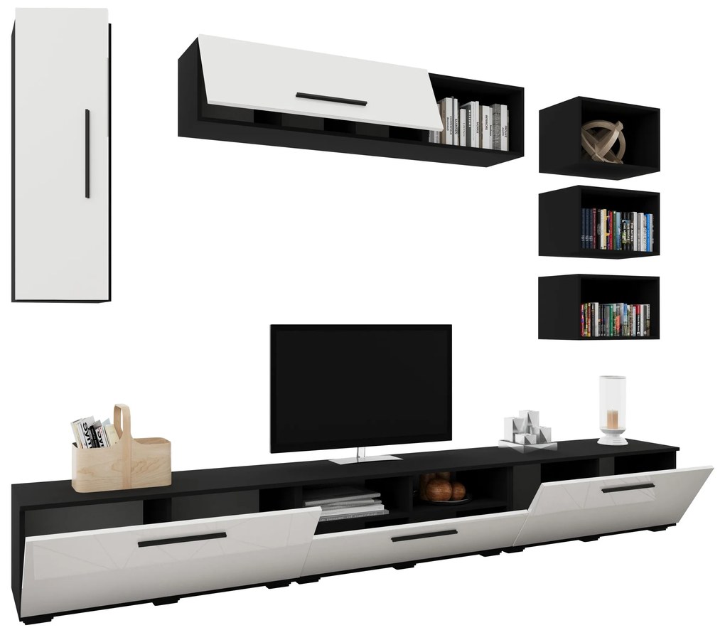 Living Kos V5, Negru/Alb Lucios, MDF, L 285 cm