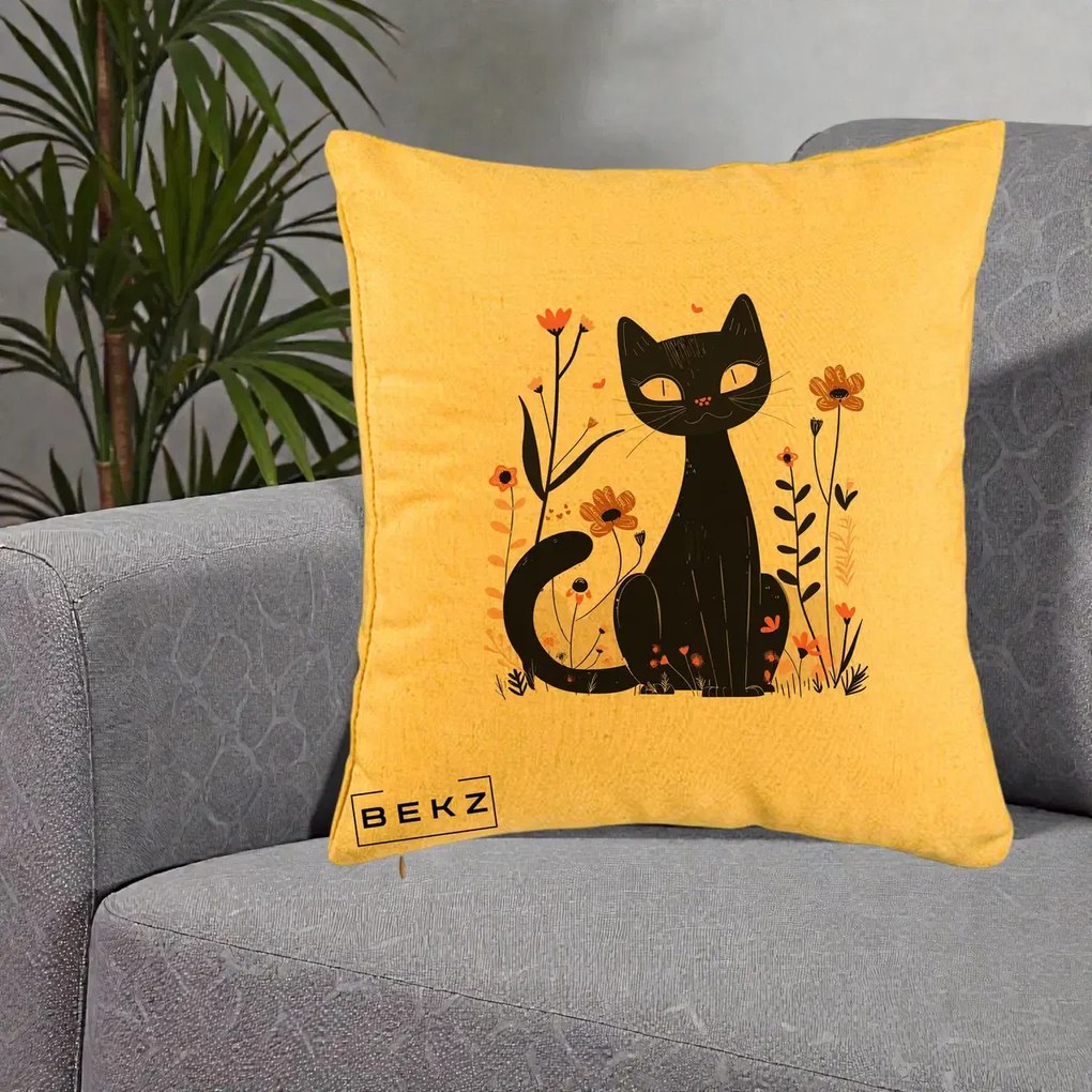 Perna Decorativa Pisica Neagra Flori Pastel Folk, 40x40 cm, Galben, Husa Detasabila, Perna Inclusa, BEKZ®