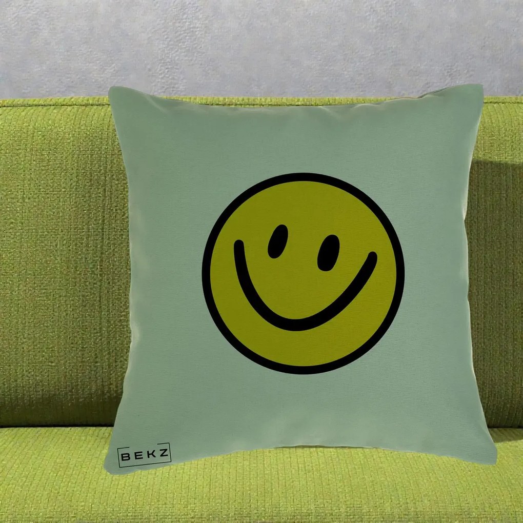 Perna Decorativa Smiley Face Galben Clasic, 40x40 cm, Verde, Husa Detasabila, Perna Inclusa, BEKZ®