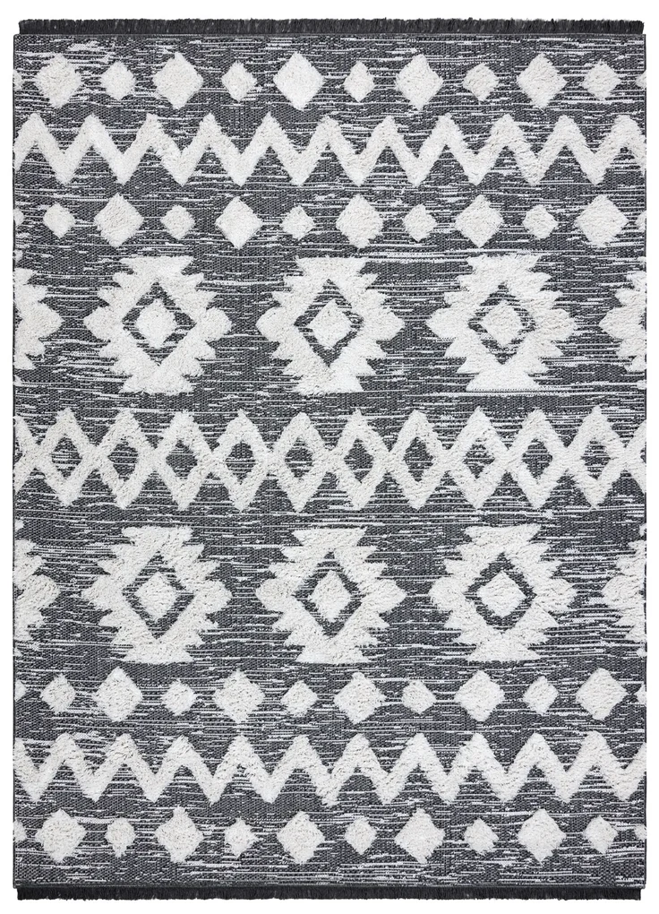Covor ECO SISAL BOHO MOROC Etno Zig zag 22319 franjuri - două niveluri de lână gri / cremă, covor reciclat