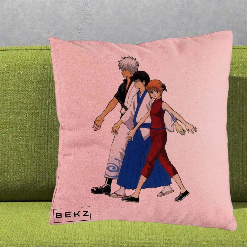 Perna Personalizata Gintama Trio Gintoki Shinpachi Kagura, 40x40 cm, Roz, Husa Detasabila, Perna Inclusa, BEKZ®