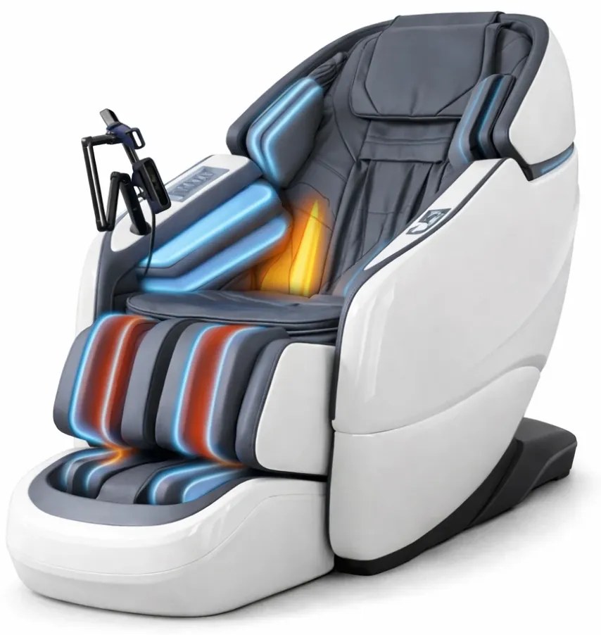 Fotoliu de masaj ZEENA INFINITY PRO, AI voce, Incalzire, Bluetooth, Zero Gravity SL-Track Shiatsu, Joystick și suport pentru telefon, Controler rapid cotiera, 2 Boxe, Moduri Automate, Suport Picioare extensibil, Piele PU Premium, Alb/Gri