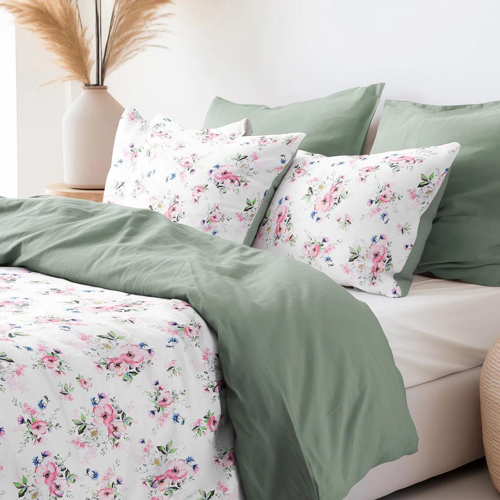 Goldea lenjerie de pat din 100% bumbac duo - sakura roz cu petale cu verde salvie 140 x 200 și 50 x 70 cm