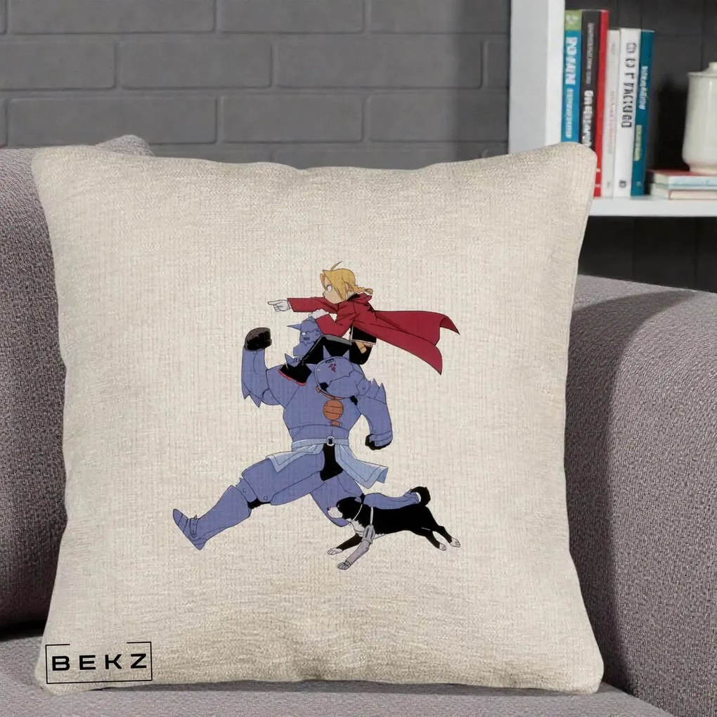 Perna Personalizata Fullmetal Alchemist Edward si Alphonse, 40x40 cm, Bej Canapea, Husa Detasabila, Perna Inclusa, BEKZ®