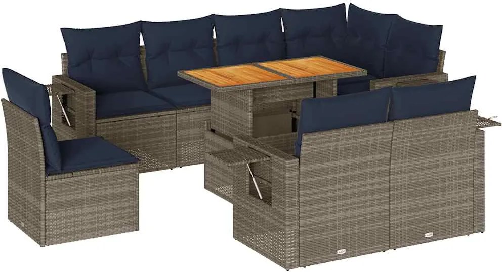 vidaXL Set canapele de grădină, 9 piese, cu perne, gri, poliratan