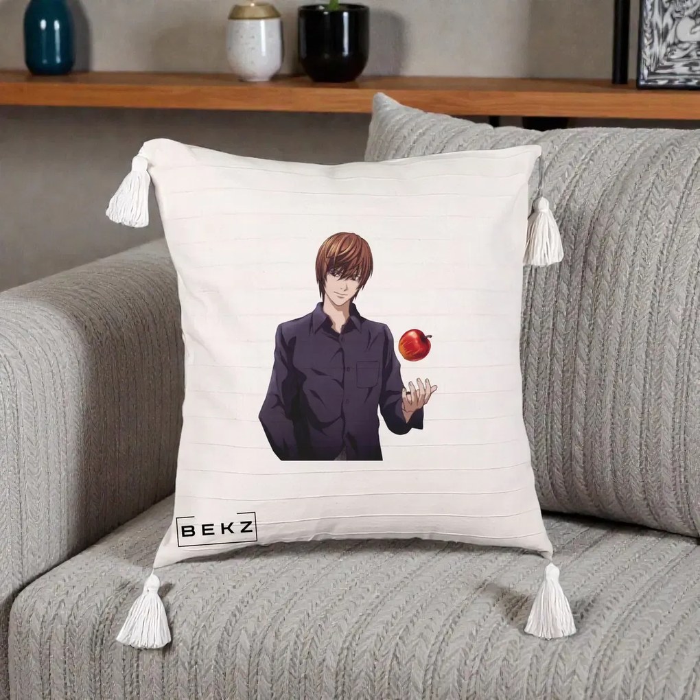 Perna Personalizata Death Note Light Yagami cu Mar, 40x40 cm, Bej cu Franjuri, Husa Detasabila, Perna Inclusa, BEKZ®