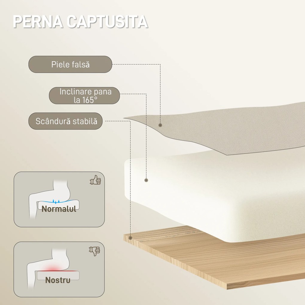 Scaun de Birou HOMCOM Reclinabil la 155° cu Suport pentru Picioare, Dublă Căptușeală și Acoperire în Piele Falsă, Bej | Aosom Romania