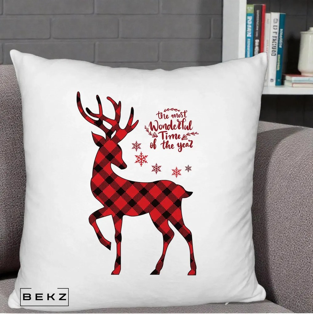 Perna Decorativa Ren Buffalo Plaid Craciun, 40x40 cm, Alb Pufos, Husa Detasabila, Perna Inclusa, BEKZ®