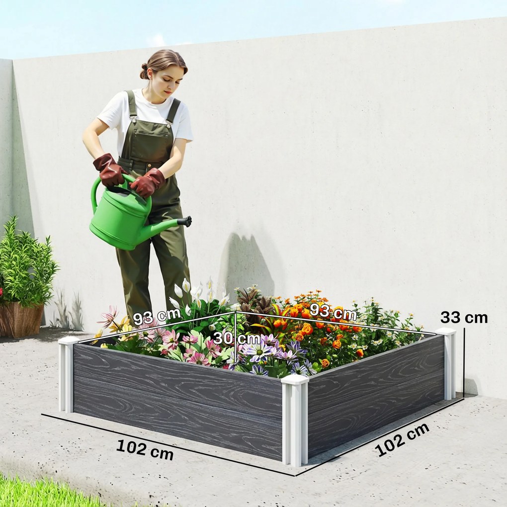 Outsunny Pat Înălțat de Grădină din Vinil, 102x102x33 cm, Kit Modular cu Picioare Interconectabile și Fund Deschis, Jardinieră pentru Flori, Ierburi și Legume, Gri Închis | Aosom Romania