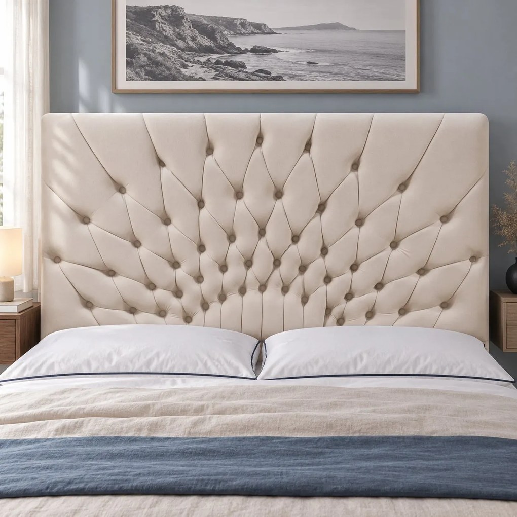 Pat tapițat Chesterfield din catifea Venezia 140×200 cm, crem, cu ladă de depozitare