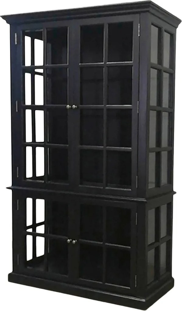 Vitrină clasică din lemn, negru, cu 4 uși vitrate, 4 rafturi și butoni aurii, finisaj lăcuit, 196 x 120 x 40 cm, „Marseille”