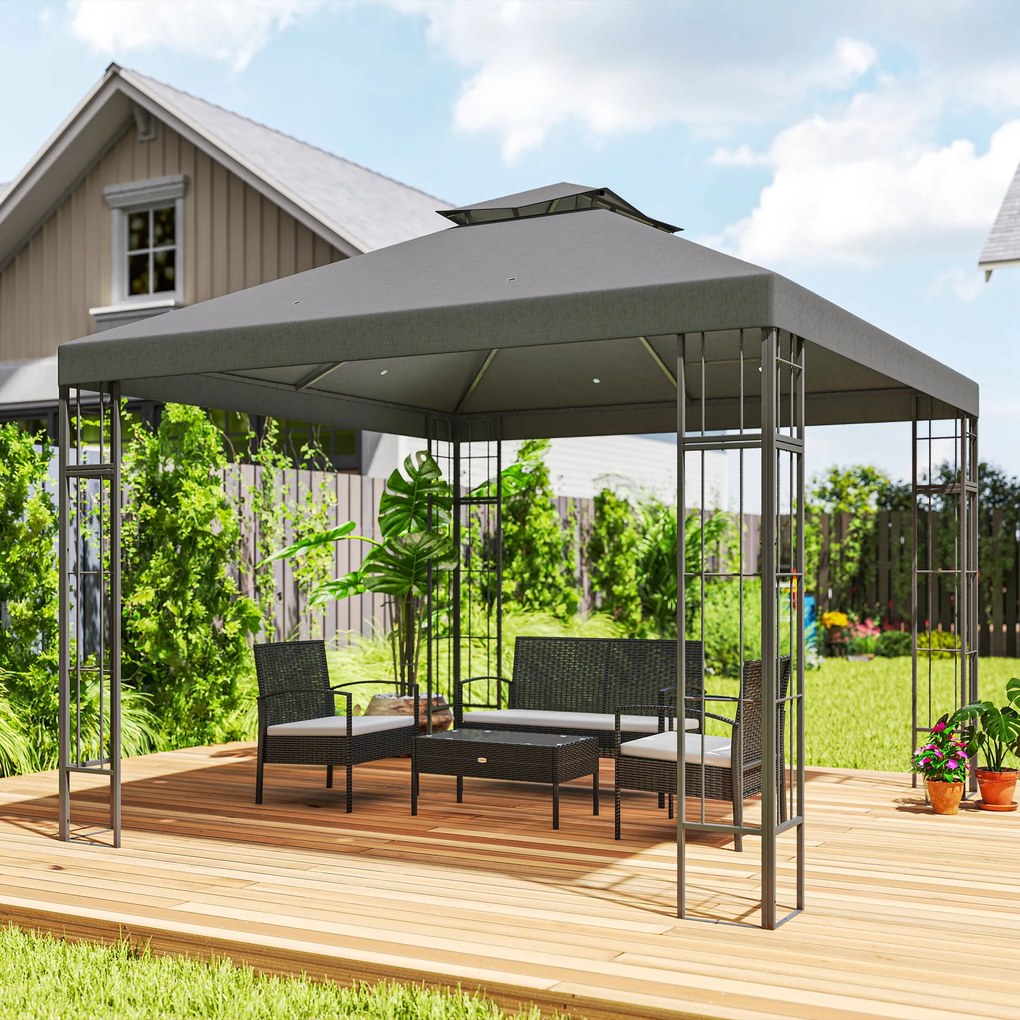 Outsunny Pavilion de grădină 3x3 m, Design cu acoperiș în două trepte, Protecție UV30+, Rezistent la UV, Protecție solară, Cadru metalic, Gri închis | Aosom Romania