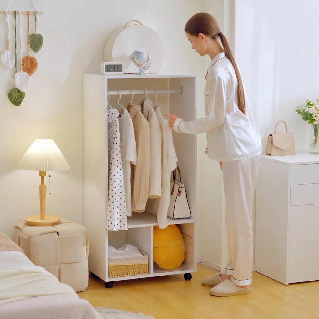 HOMCOM Cuier cu Bară din Aluminiu și 2 Rafturi Deschise, 60x40x128 cm, Alb | Aosom Romania