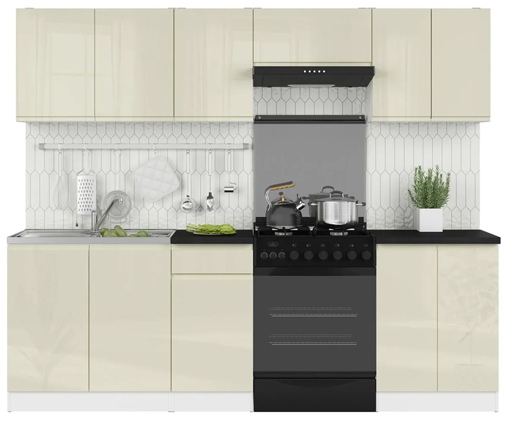 Set mobilier bucătărie 240 cm Junona Line (vanilie lucios + Alb). 1098517