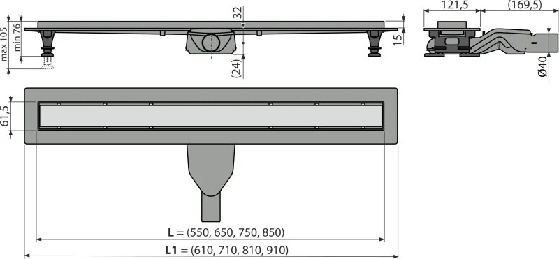 Set rigola cu capac Optimal 75 cm Alcadrain faiantabil APZ2012-OPTION6