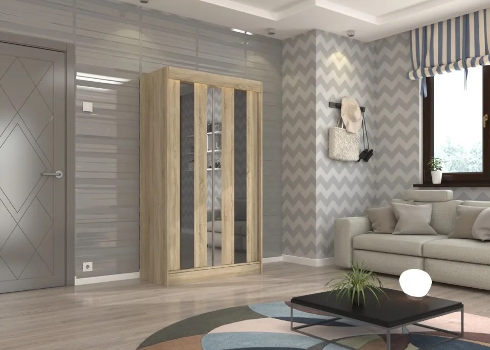 Dulap cu usi glisante si oglinda 120x215 cm, Keita, ADRK Furniture (Culoare: Alb / Negru Lacobel)