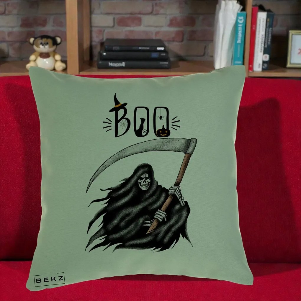 Perna Decorativa Halloween Boo Grim Reaper cu Coasa, 40x40 cm, Verde, Husa Detasabila, Perna Inclusa, BEKZ®