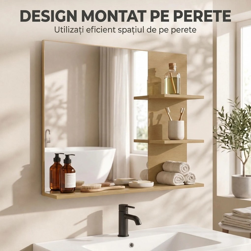 Kleankin Oglindă de baie cu 3 rafturi pentru depozitare și machiaj, stejar | Aosom Romania