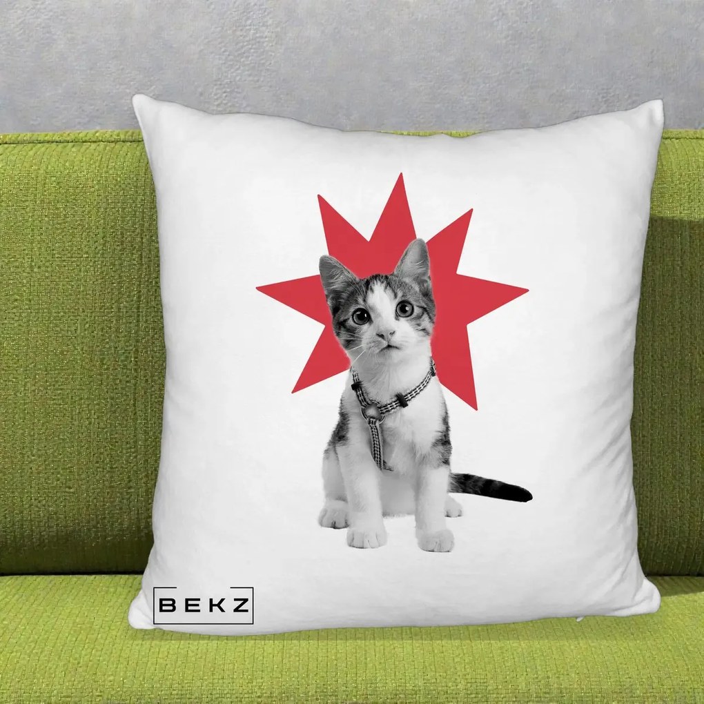 Perna Decorativa Pisica Star Pop Art, 40x40 cm, Alb Pufos, Husa Detasabila, Perna Inclusa, BEKZ®