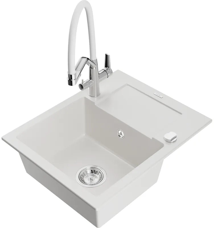 Mexen Enzo chiuvetă de granit cu un compartiment, cu picurător și baterie de bucătărie Duo, Albă - 6506-20-671701-02