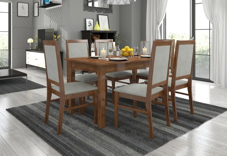 Set de masa extensibila si 6 scaune tapitate, RODOS 25, ADRK Furniture (Culoare: Nuc inchis)