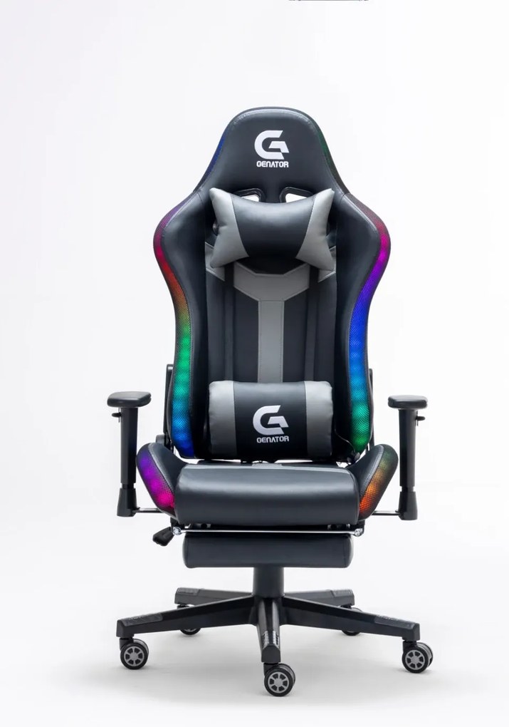 Scaun gaming, Masaj in 7 puncte, sistem iluminare bandă LED RGB, boxe Bluetooth, masaj în perna lombară, sezut benzi elastice sustinere, funcție șezlong, 90-180 grade, suport picioare, Negru/Gri