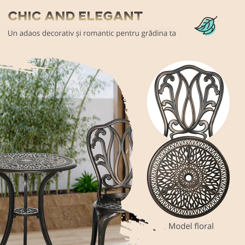 Outsunny Set Mobilier Grădină 2 Persoane 2 scaune și Masă Rotundă stil retro din aluminiu turnat, bronz | Aosom Romania