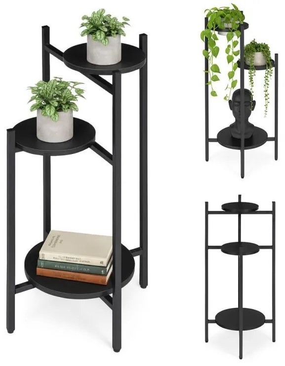 Suport pentru flori Loft - raft cu 3 etaje cu rafturi negre rotunde