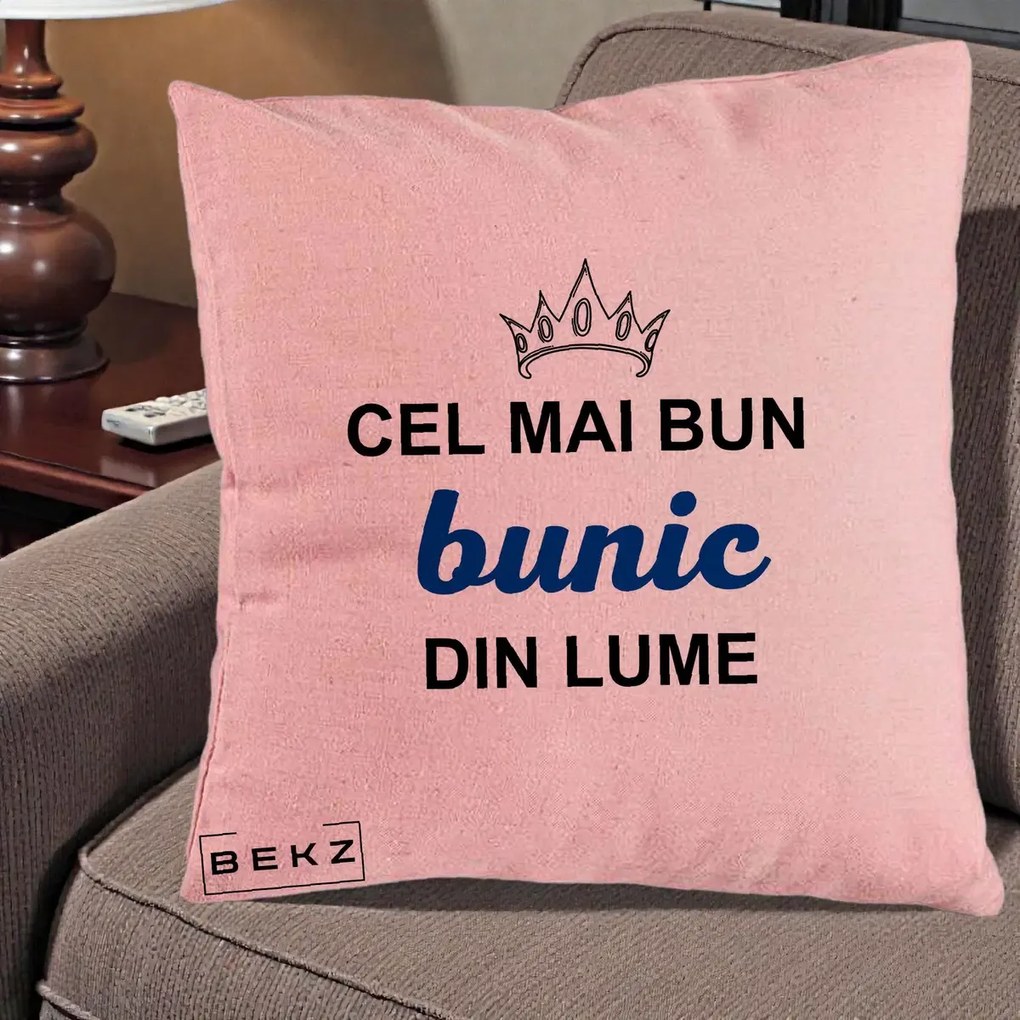 Cadou pentru Bunic - Perna Personalizata Cel Mai Bun Bunic Din Lume Coroana Albastra, 40x40 cm, Roz, Husa Detasabila, Perna Inclusa, BEKZ®