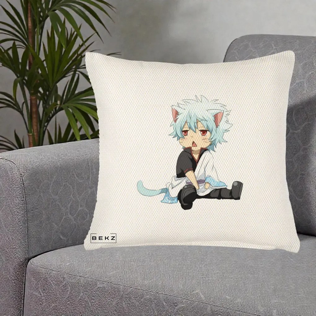 Perna Personalizata Gintama Gintoki Chibi Pisica, 40x40 cm, Crem Reliefat, Husa Detasabila, Perna Inclusa, BEKZ®