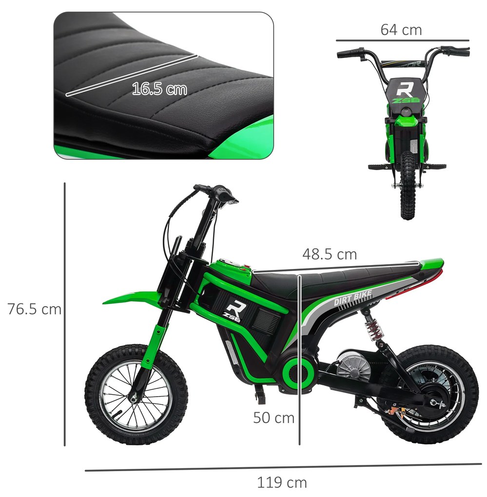 HOMCOM Motocicletă Electrică pentru Copii 8-12 Ani cu Accelerație Manuală și 2 Viteze, 119x64x76,5 cm, Verde | Aosom Romania