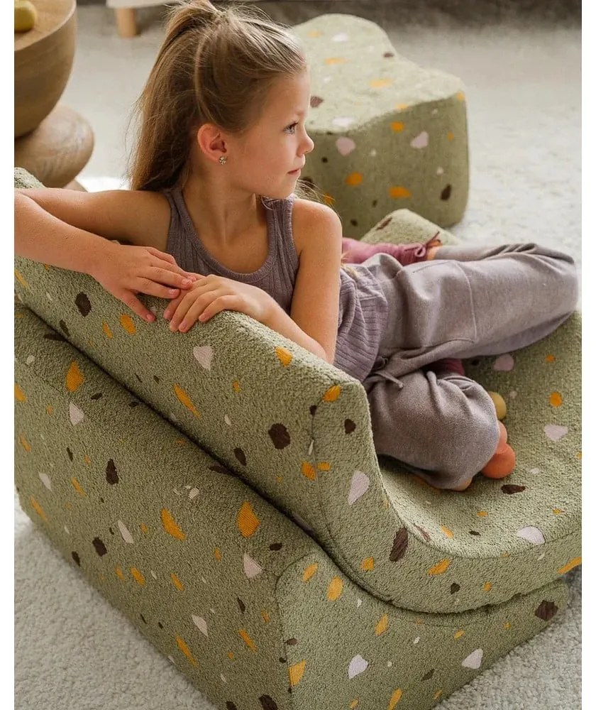 Fotoliu de copii verde cu tapițerie din țesătură bouclé/cu tapițerie din chenille Terrazzo Moon – Wigiwama