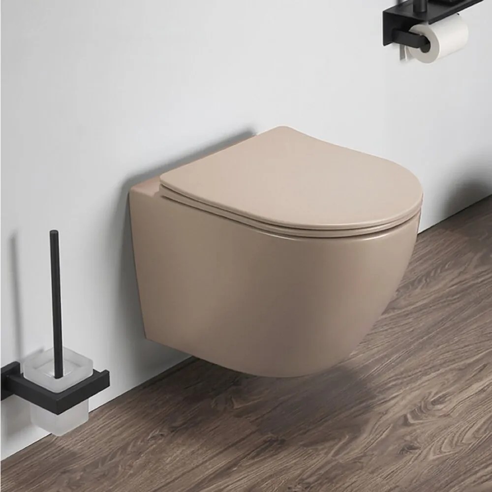 Set vas WC suspendat Inter Ceramic Tornado Rimless cu capac soft close Quick Release bej mat