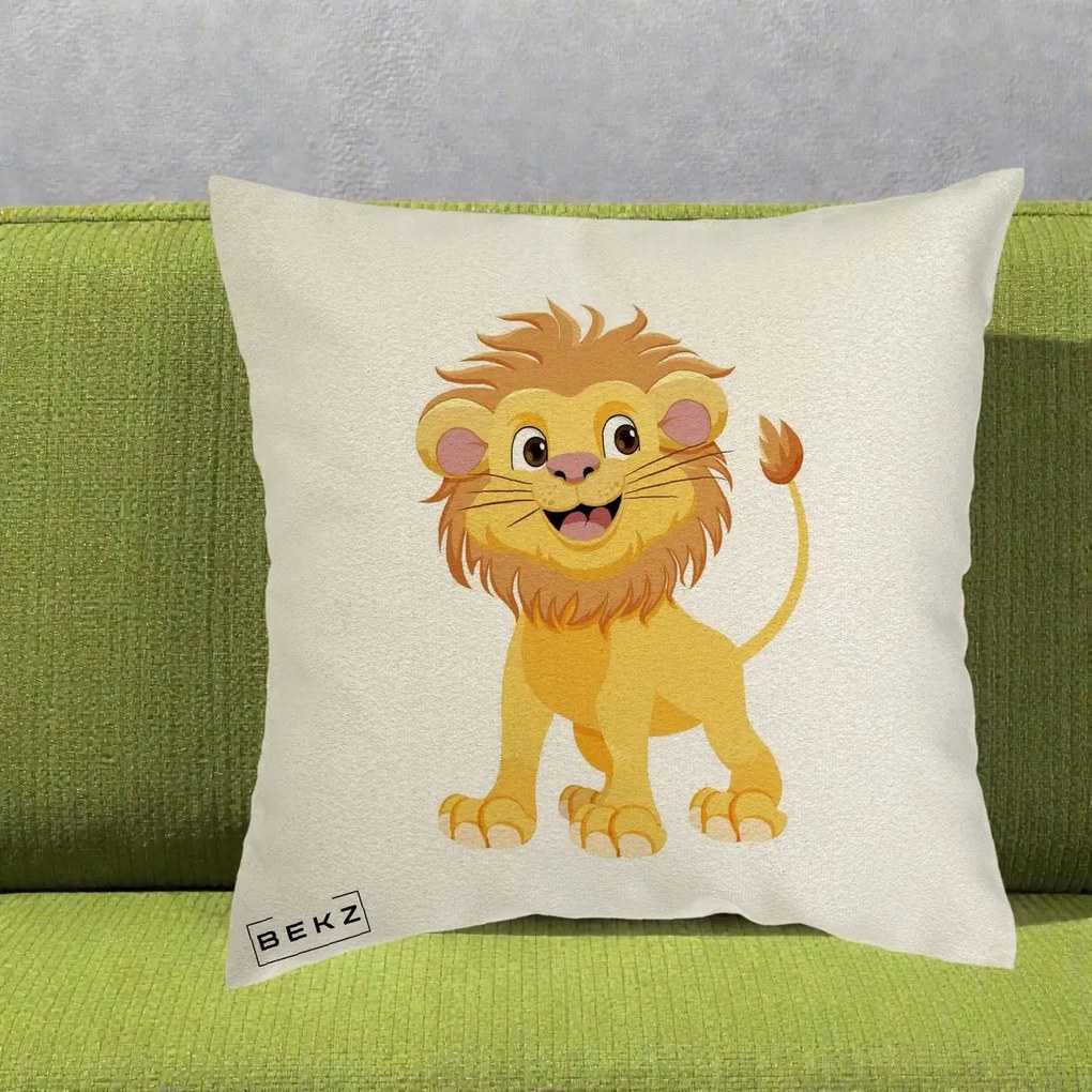 Perna Decorativa Pui de Leu Kawaii, 40x40 cm, Ecru, Husa Detasabila, Perna Inclusa, BEKZ®