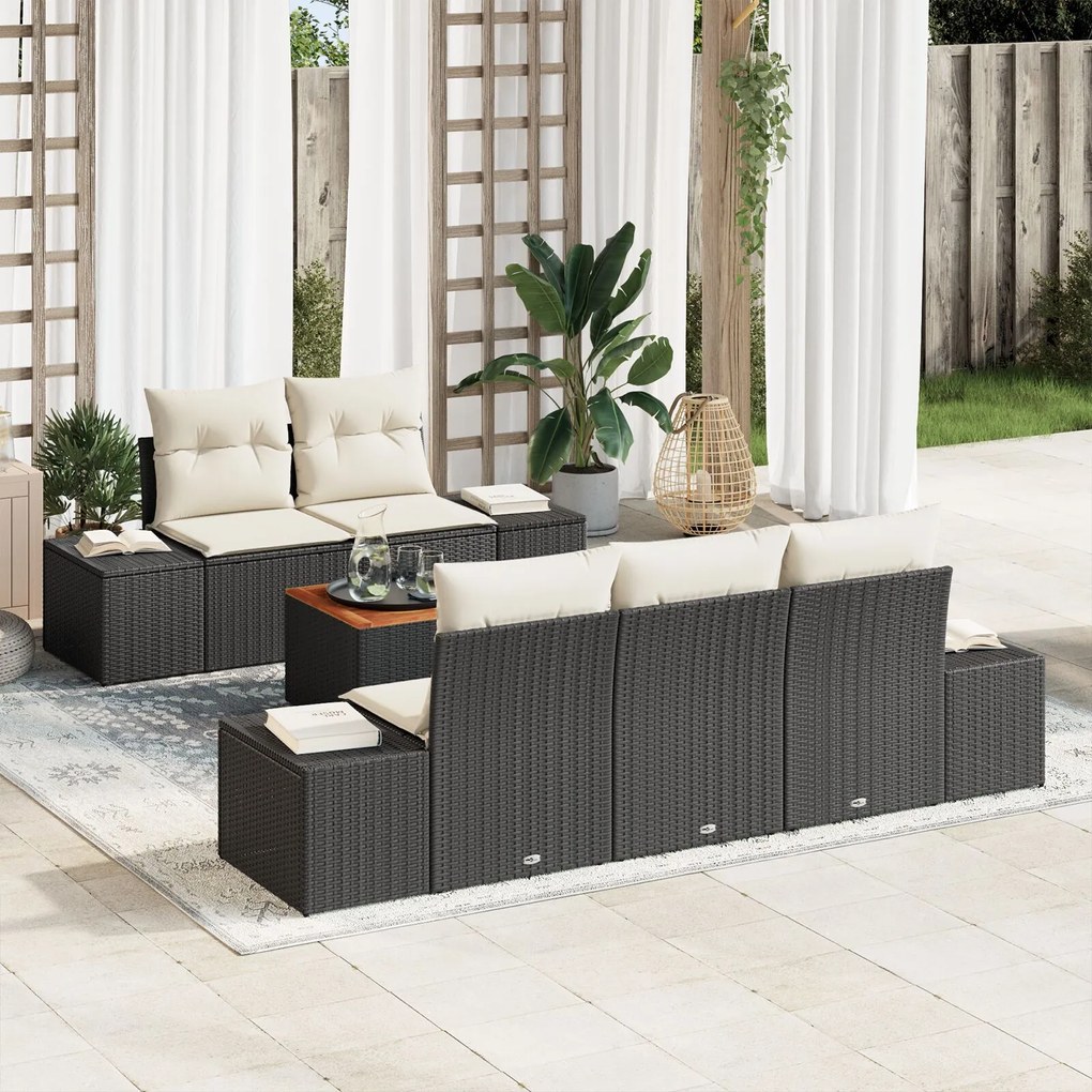 vidaXL Set canapele grădină , 6 piese, cu perne, din ratan negru și lemn de acacia