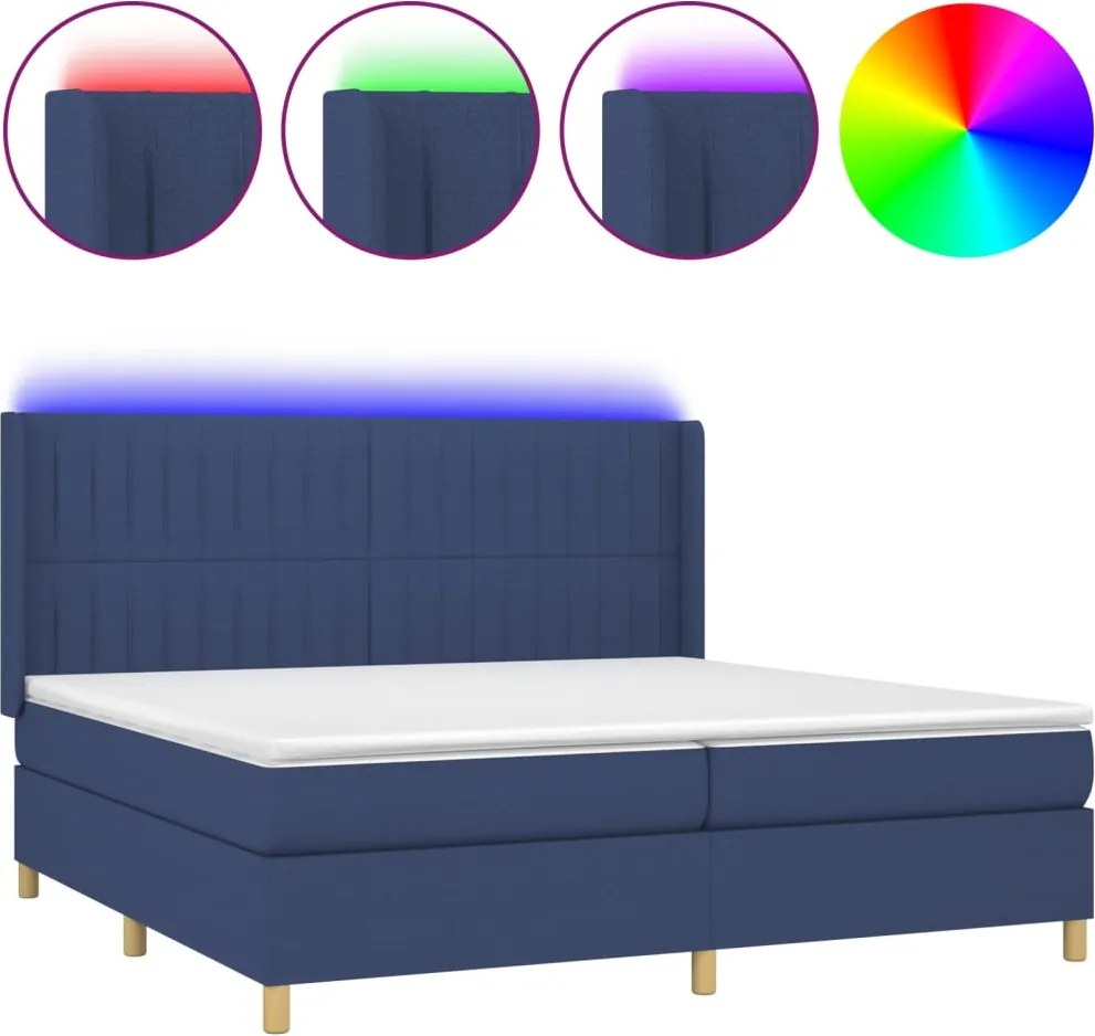 vidaXL Pat cu arcuri, saltea și LED, albastru, 200x200 cm, textil